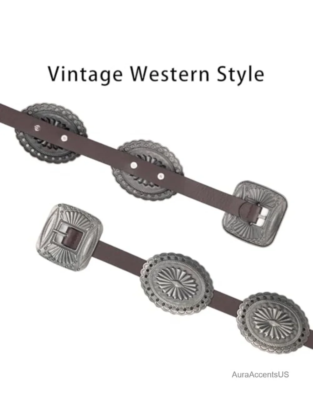 Western Concho Boho PU Leather Belt with Vintage Silver Buckle for Jeans Dresses
